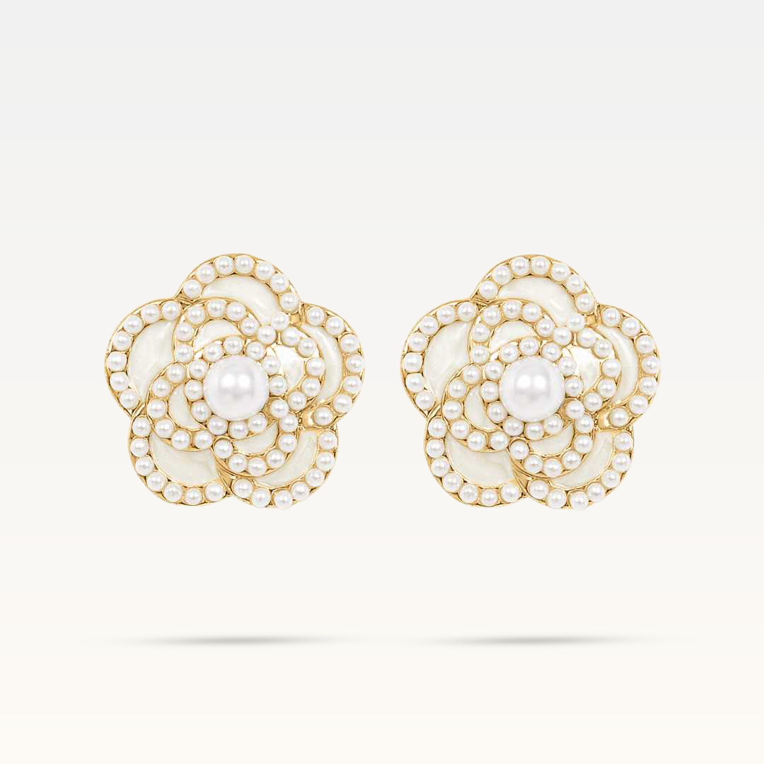 Camelia Flower Pearl Stud Clip - White