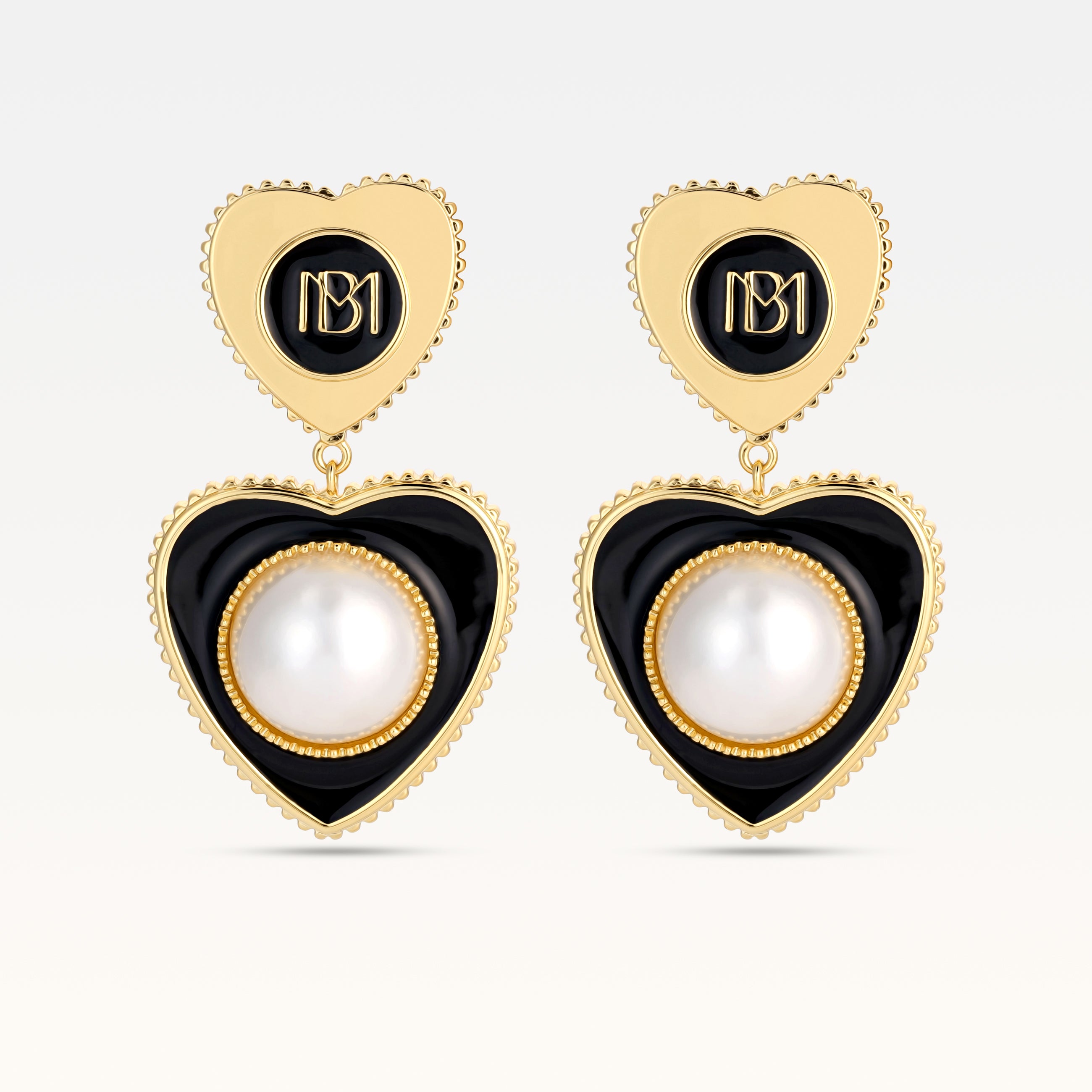 MB Signature Gold Plated Coeur Noir Pearl Earrings