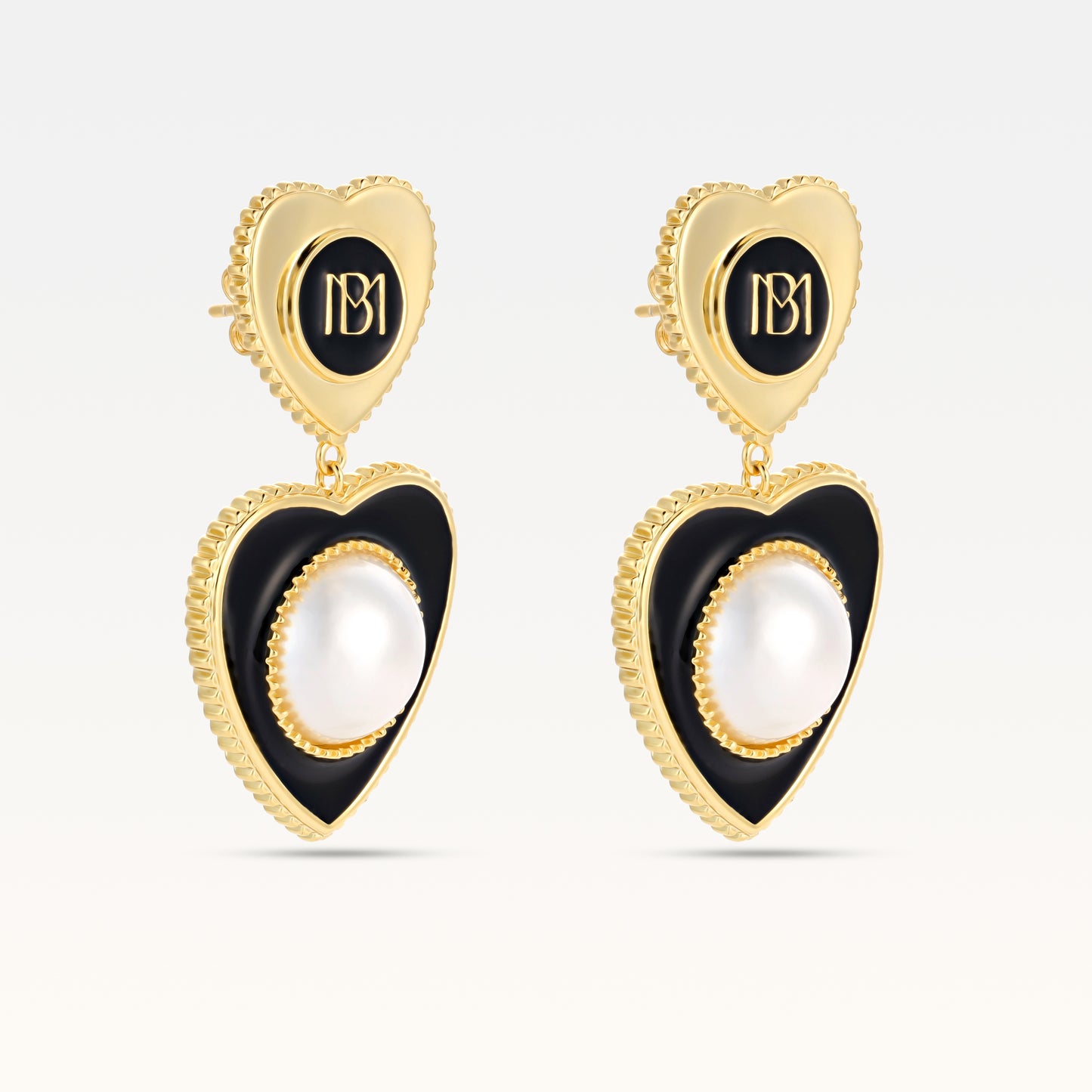 MB Signature Gold Plated Coeur Noir Pearl Earrings