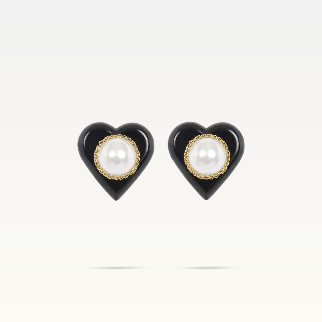 Amelie Heart Pearl Earrings - Black