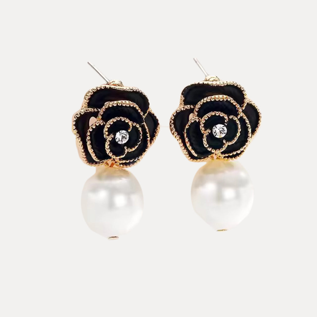 Blossom Noir Pearl Dangle Earrings – Rose Gold