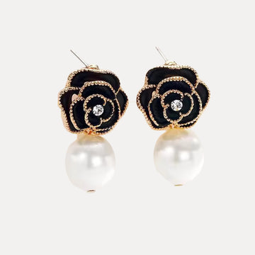 Camelia Noire Perle Dangles Earrings - Gold Rose