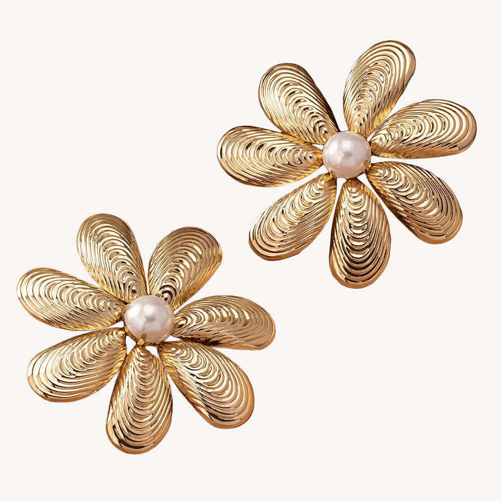 Flora Flower Pearl Earrings - Gold